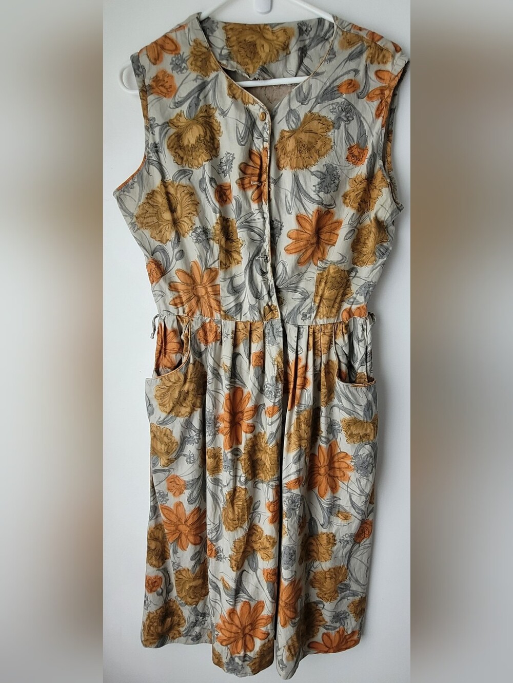Vintage Women Orange and Mustard Floral Sleeveless Pocket Dress Size OS